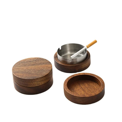 Ashtray Stainless Wood Base/Cover