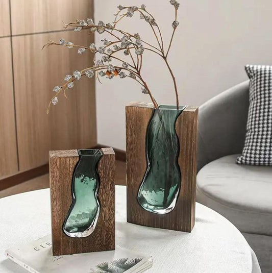 Glass Vase Embedded in Dark Tung Wood