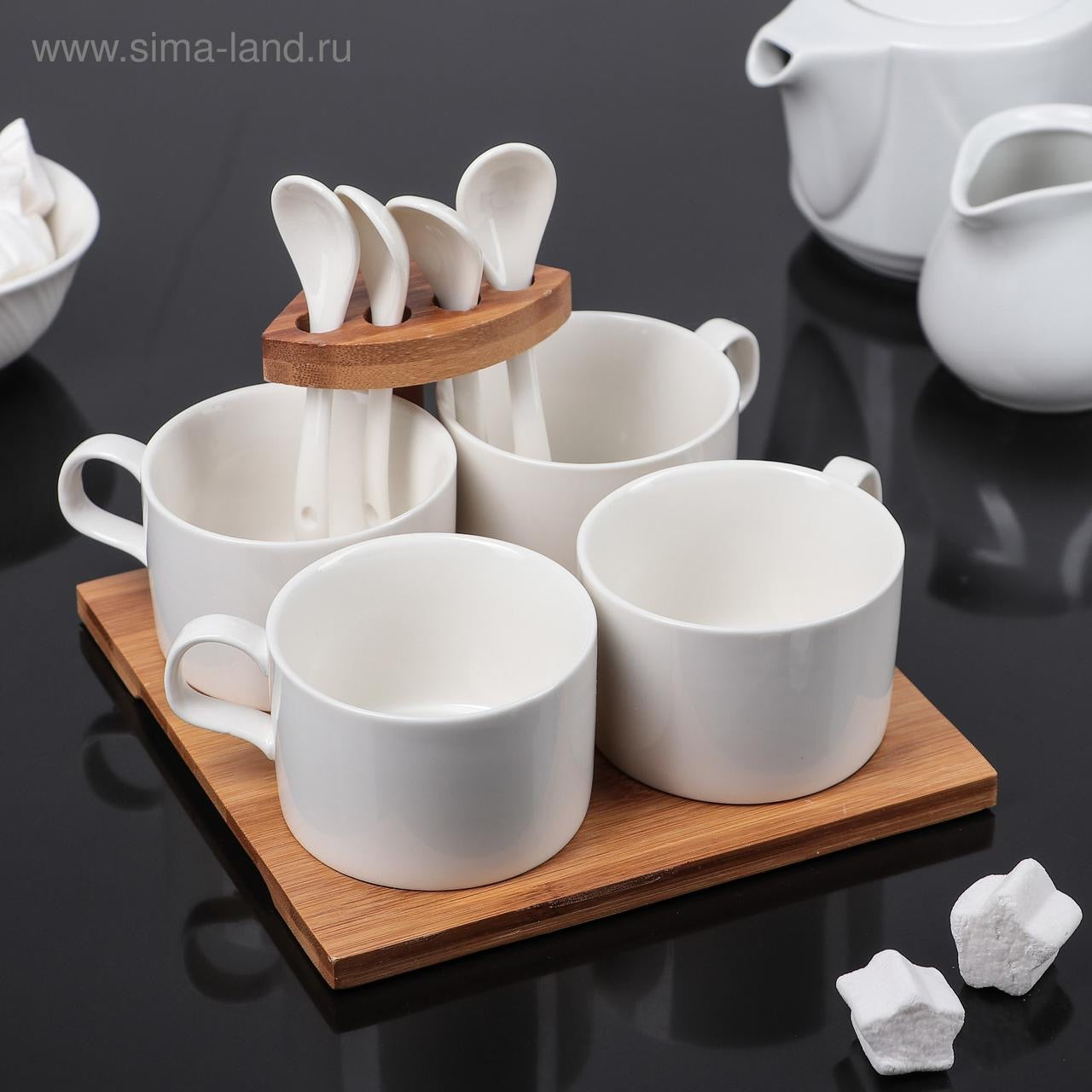 Ceramic Coffee Cup Set with Bamboo Base & Spoons (9 Pieces)