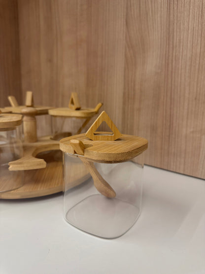 5-Piece Bamboo Rotating Spice Jar Set with Wooden Spoons