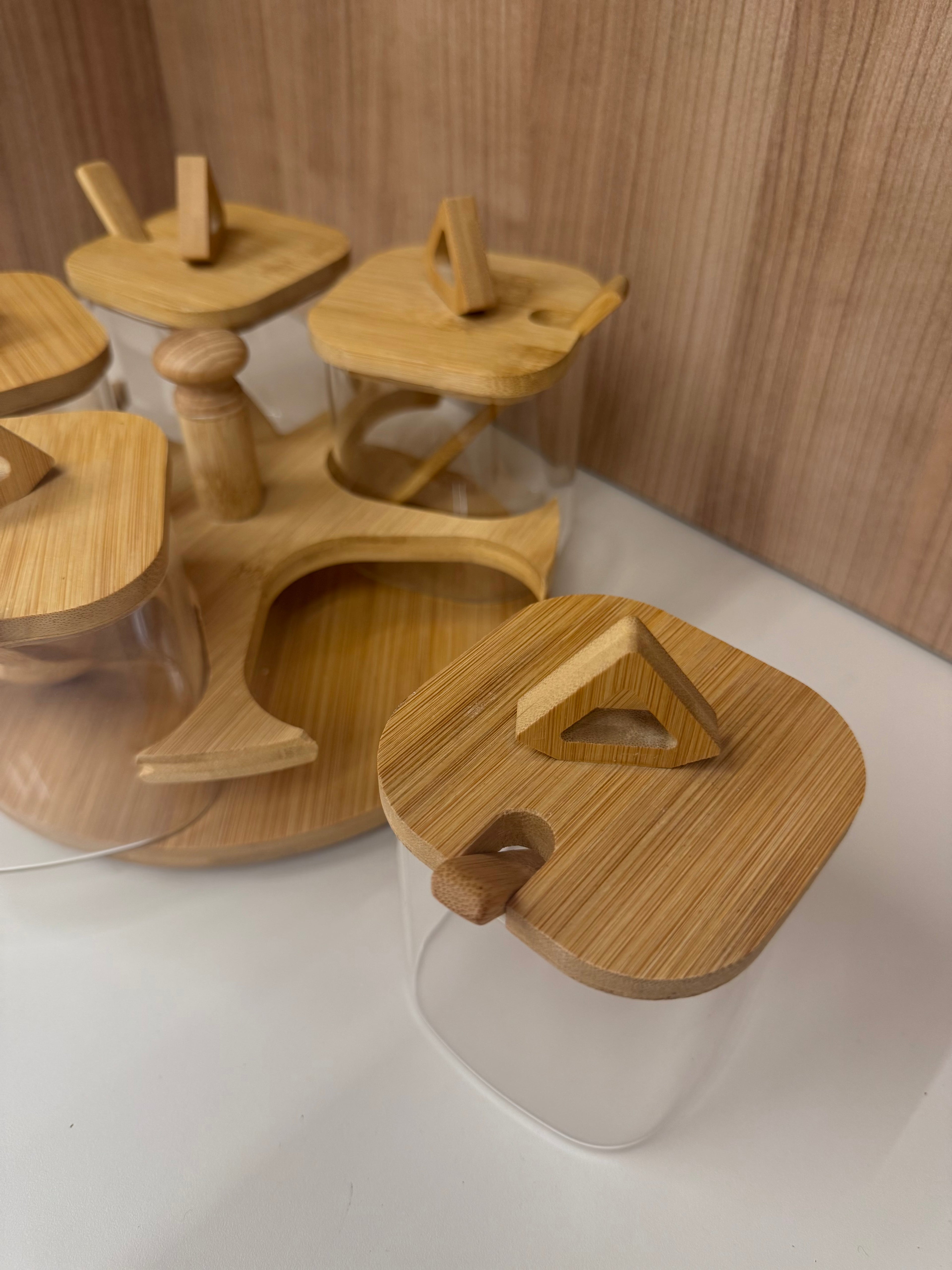 5-Piece Bamboo Rotating Spice Jar Set with Wooden Spoons