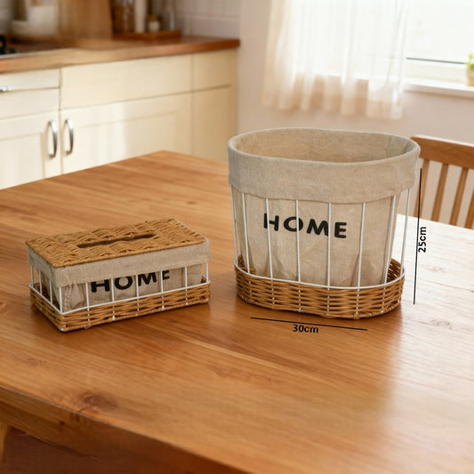 Fabric & Metal Storage Basket with Rattan Base – “HOME” Design