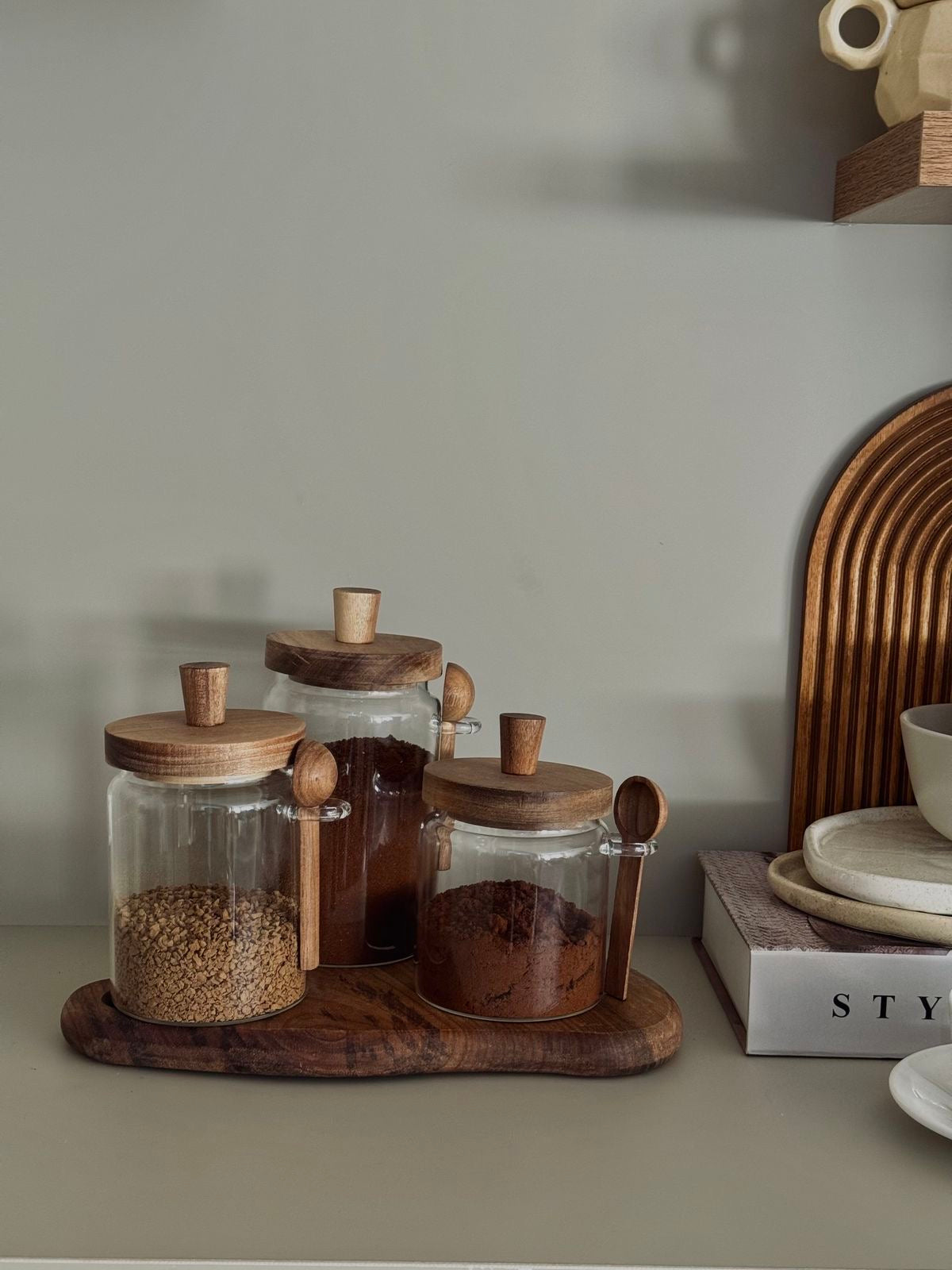 Set of 3 Glass Jars with Wood Spoons