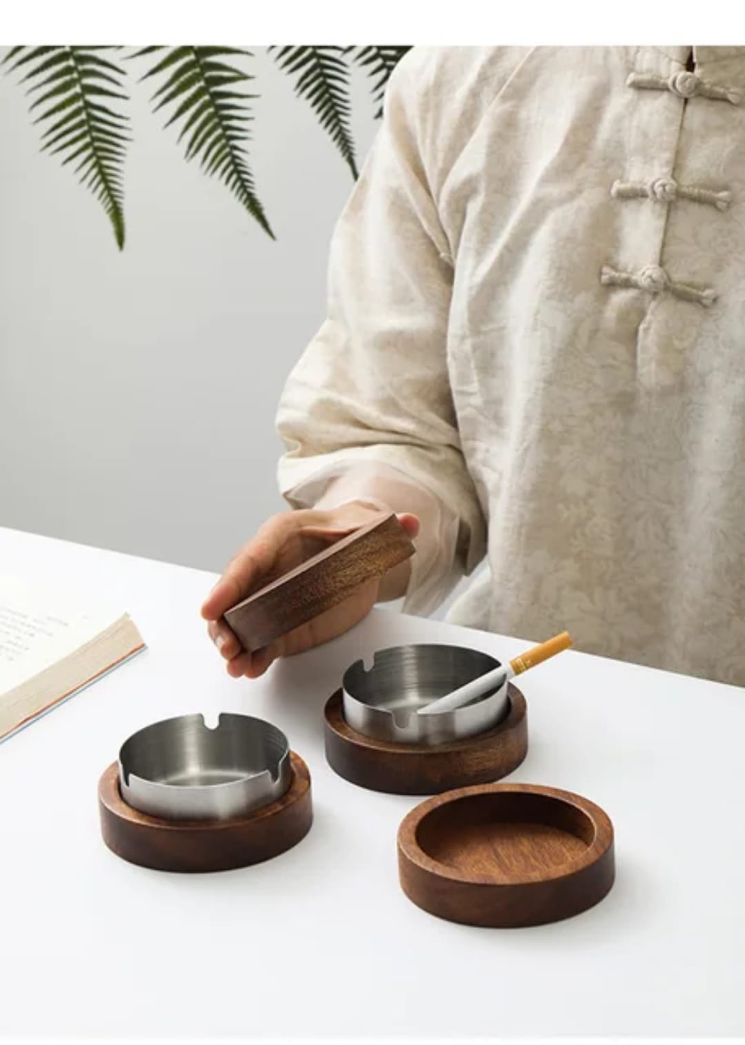 Elegnat wood and stainless steel ashtray