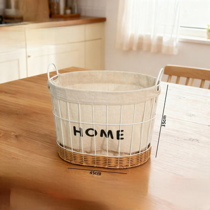 Fabric & Metal Storage Basket with Rattan Base – “HOME” Design