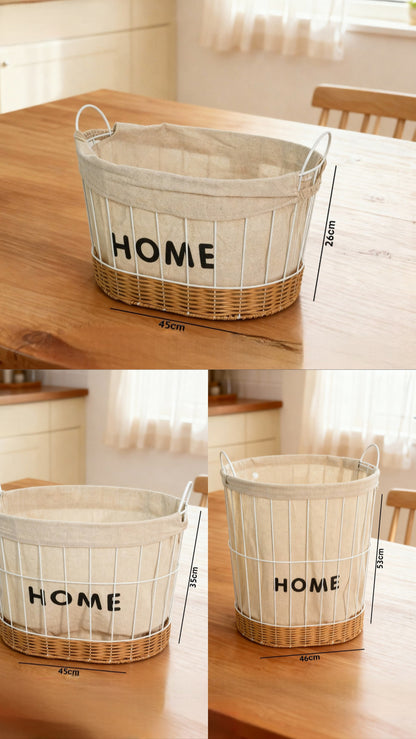 Fabric & Metal Storage Basket with Rattan Base – “HOME” Design