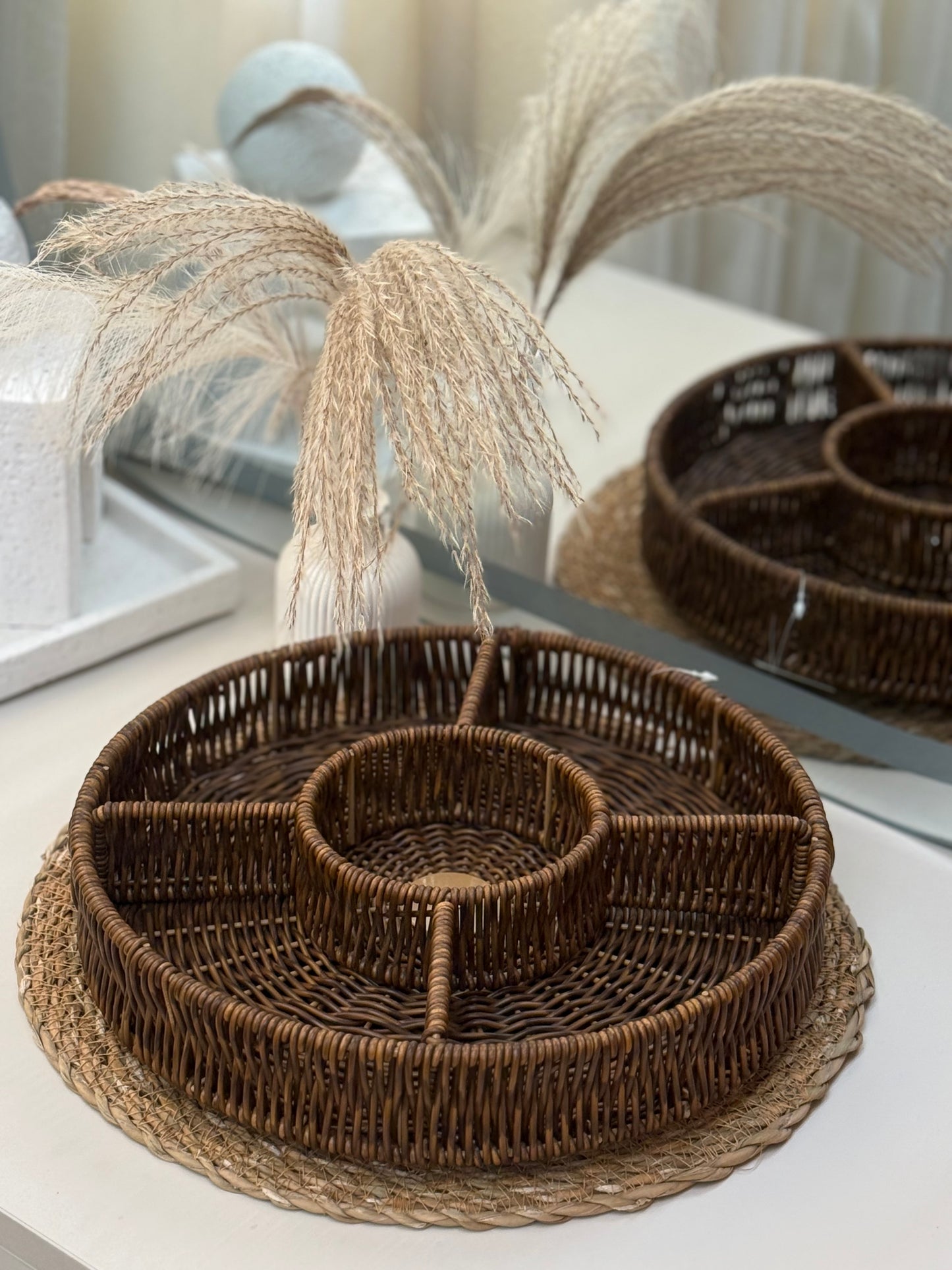 Round Woven Serving Tray with Compartments