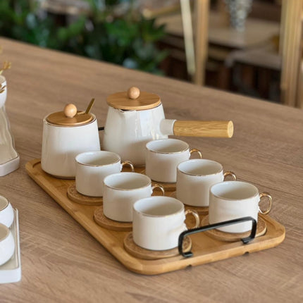 Elegant Ceramic Tea & Coffee Set with Bamboo Tray (8 Pieces)