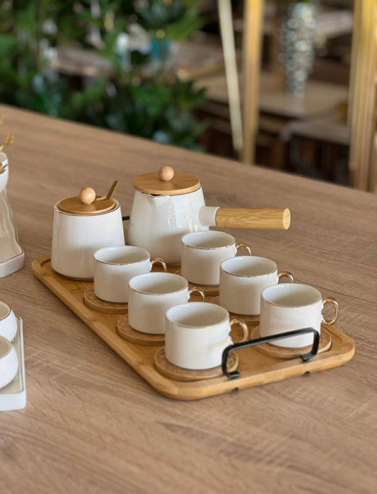 Elegant Ceramic Tea & Coffee Set with Bamboo Tray (8 Pieces)