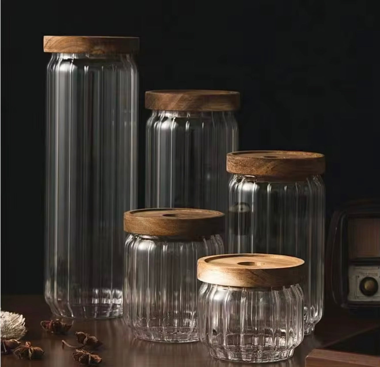 Glass Storage Jars Set with Wooden Lids
