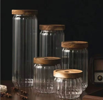 Glass Storage Jars Set with Wooden Lids