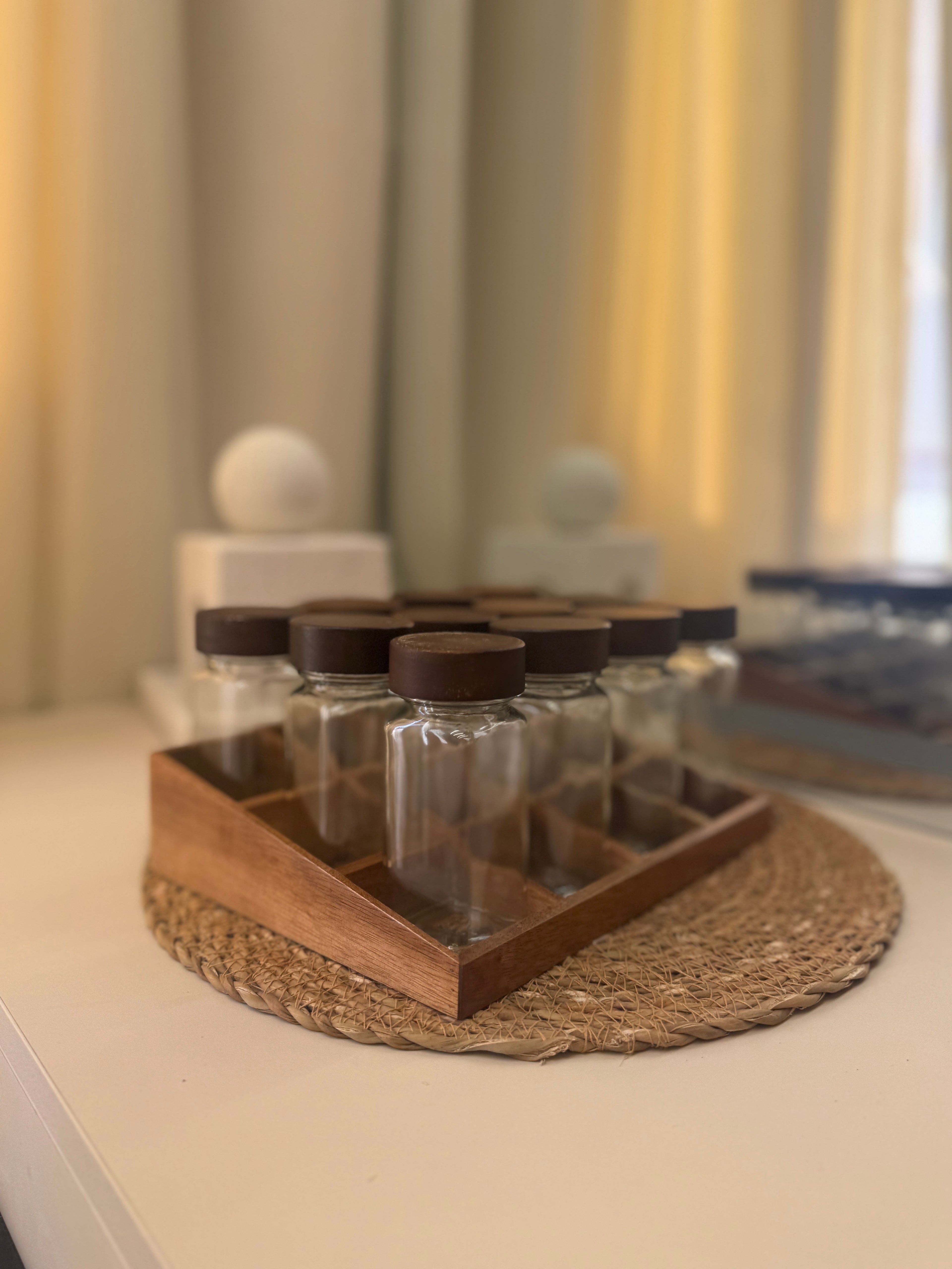 Set of 12 Glass Jars With Wood Stand