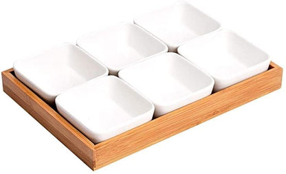 Set of 6 square ceramic bowls with a natural bamboo tray