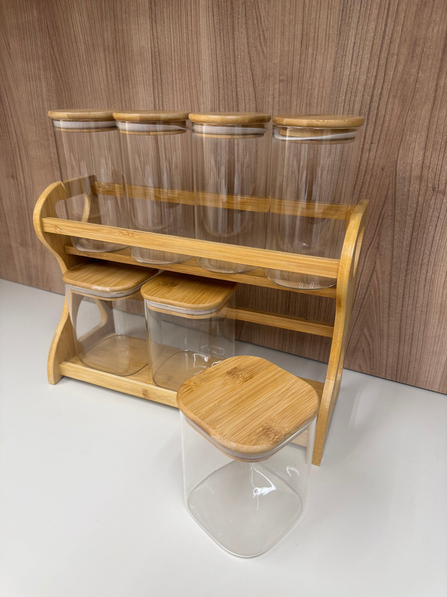 7-Piece Bamboo Storage Jar Set with Wooden Rack