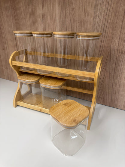 7-Piece Bamboo Storage Jar Set with Wooden Rack