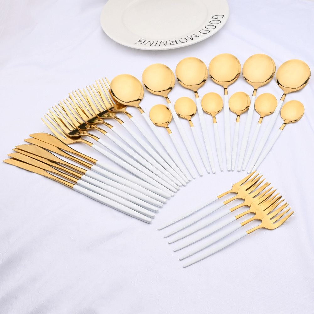White/Gold Stainless Steel Flatware Set – 60-Piece Service for 12