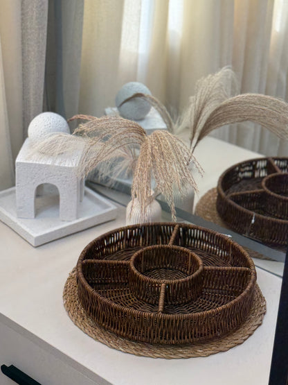 Round Woven Serving Tray with Compartments