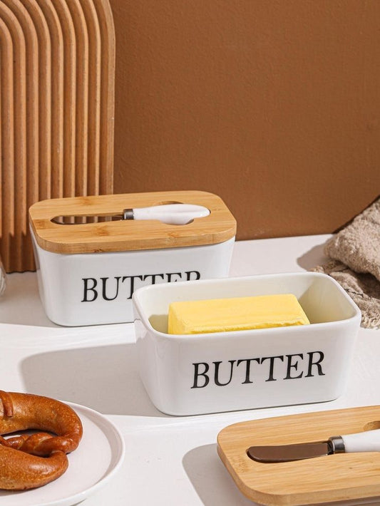 Ceramic Butter Dish with Bamboo Lid and Knife