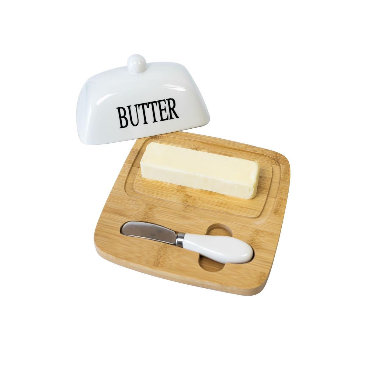 Ceramic Butter Dish with Wooden Base & Knife