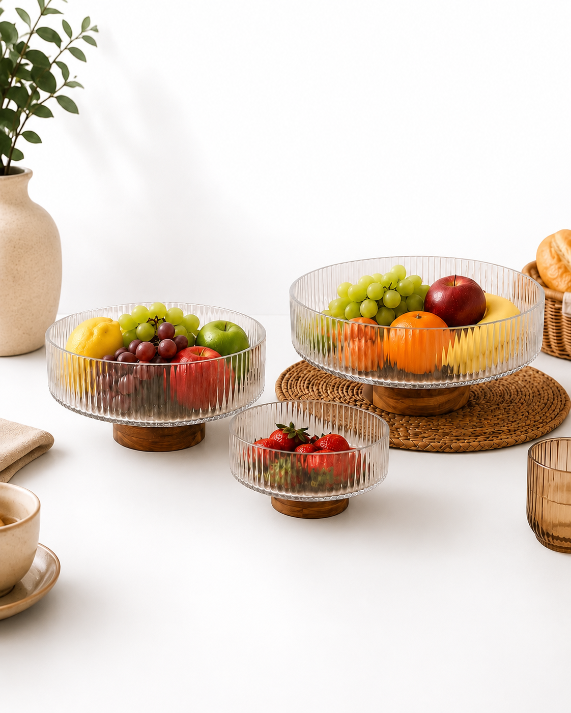 Ribbed Glass Fruit Bowl Set with Wooden Bases