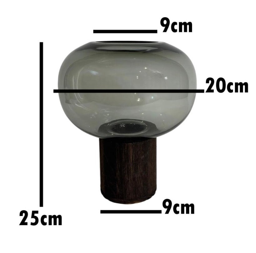 2pcs-Flattened Glass Vase with Walnut Wood Base