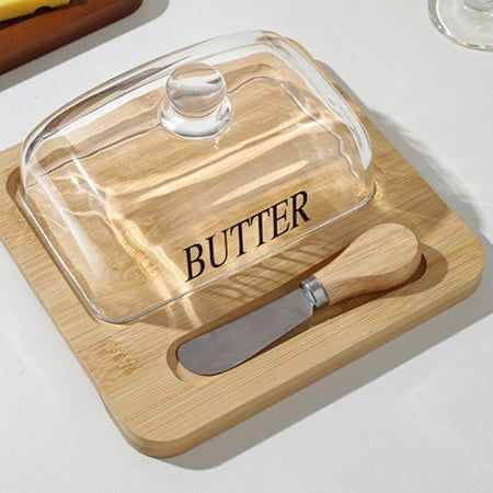 Ceramic Butter Dish with Wooden Base & Knife