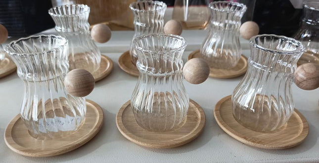 Elegant Glass Tea Cups with Wooden Handle & Bamboo Coaster