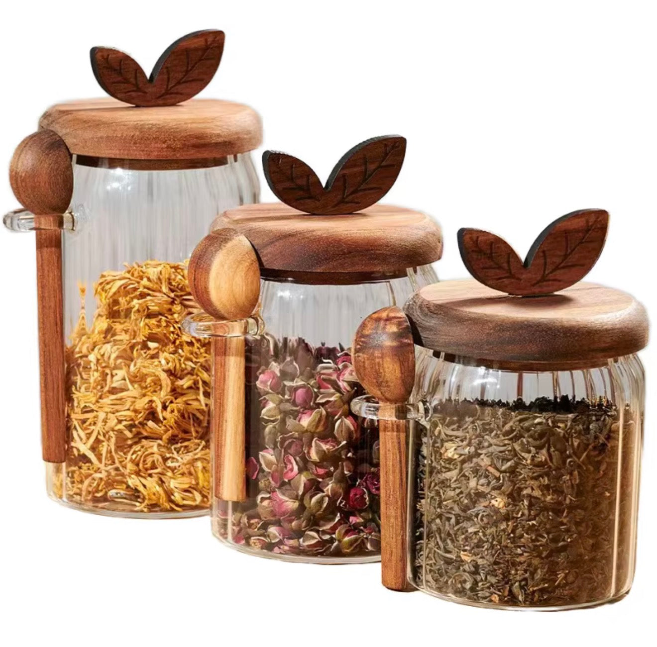 Set of 3 Glass Jars With Wood Spoons