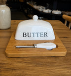 Ceramic Butter Dish with Wooden Base & Knife