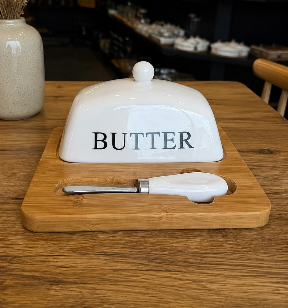 Ceramic Butter Dish with Wooden Base & Knife