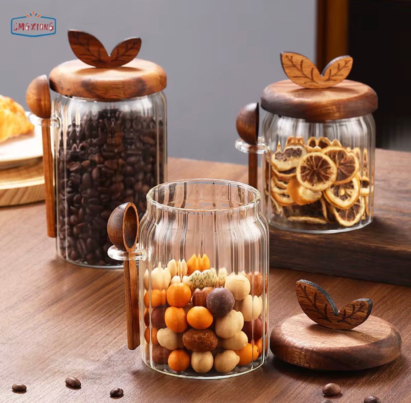 Set of 3 Glass Jars With Wood Spoons