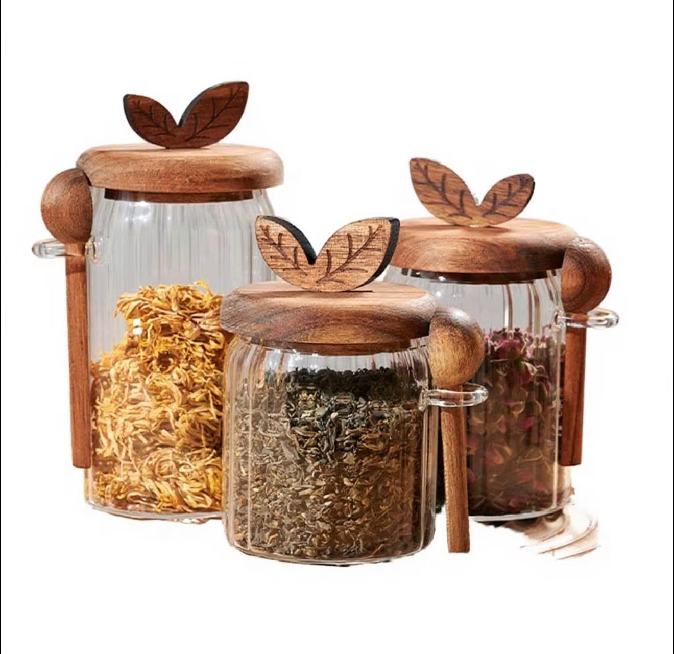 Set of 3 Glass Jars With Wood Spoons