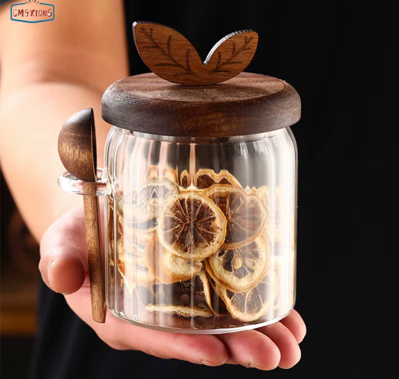 Wooden & Glass Storage Jar Set with Wood spoons
