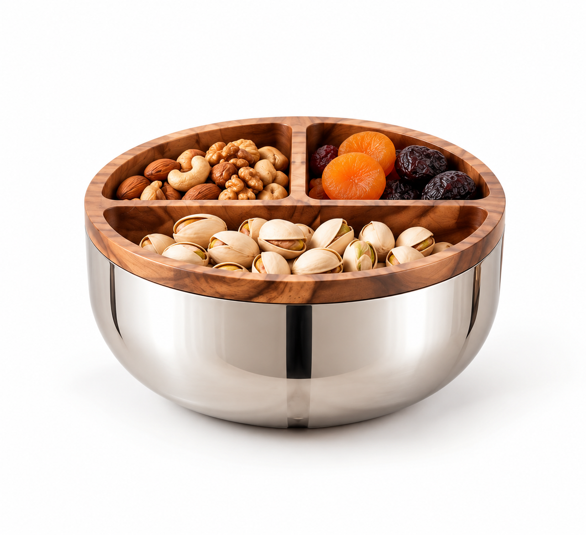 Stainless Steel Serving Bowl with Wooden Compartments – 22.5 cm