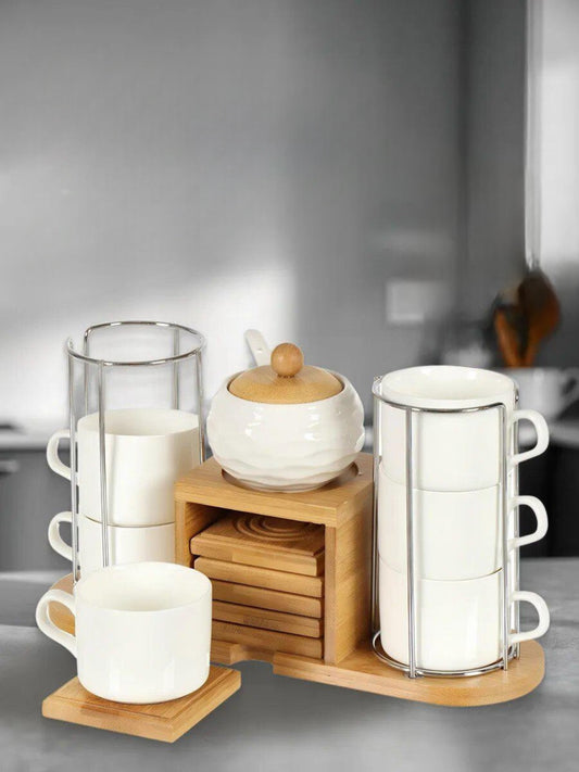 7-Piece Ceramic Coffee Set with Bamboo Organizer