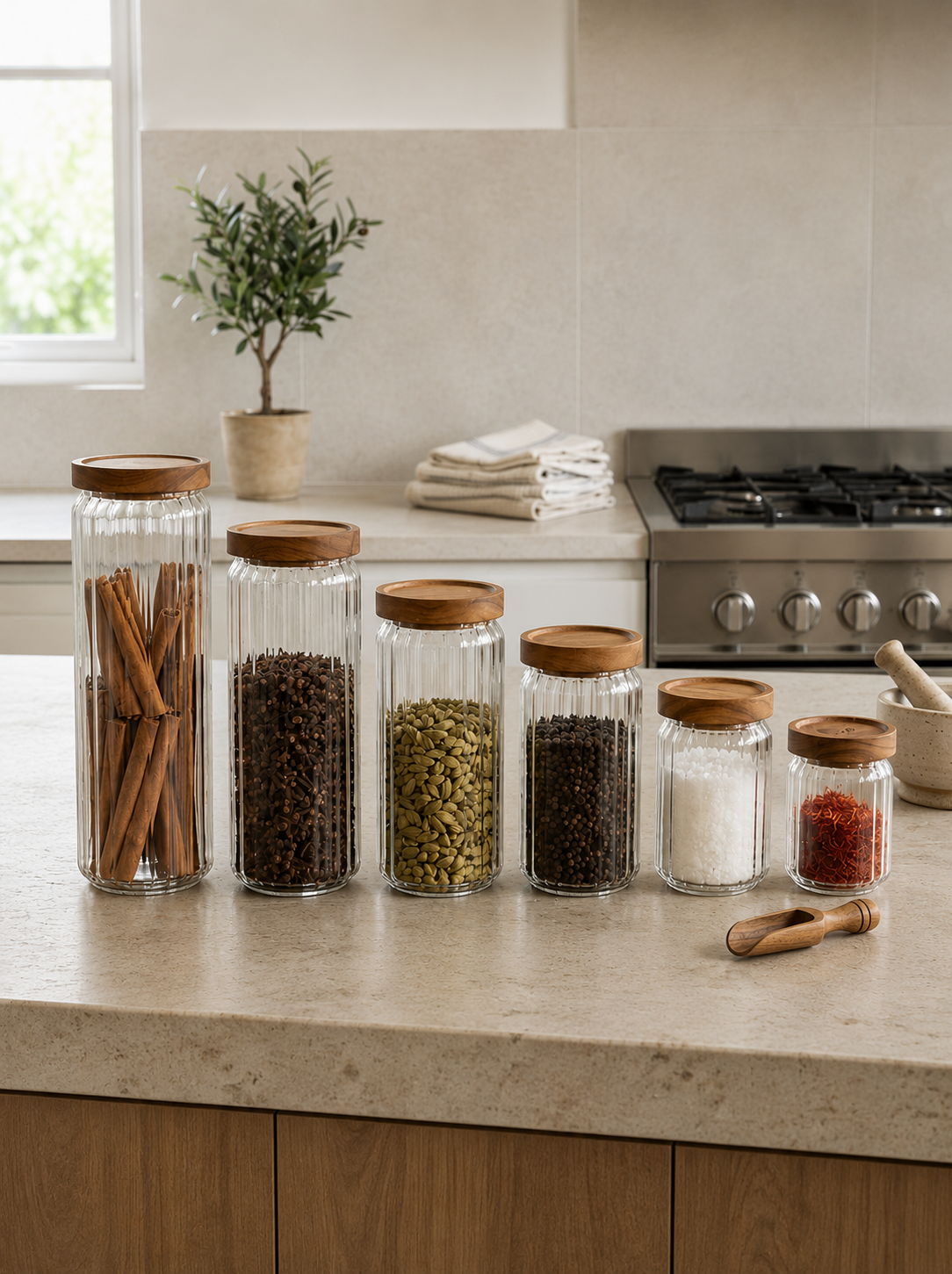 Glass Storage Jars Set with Wooden Lids