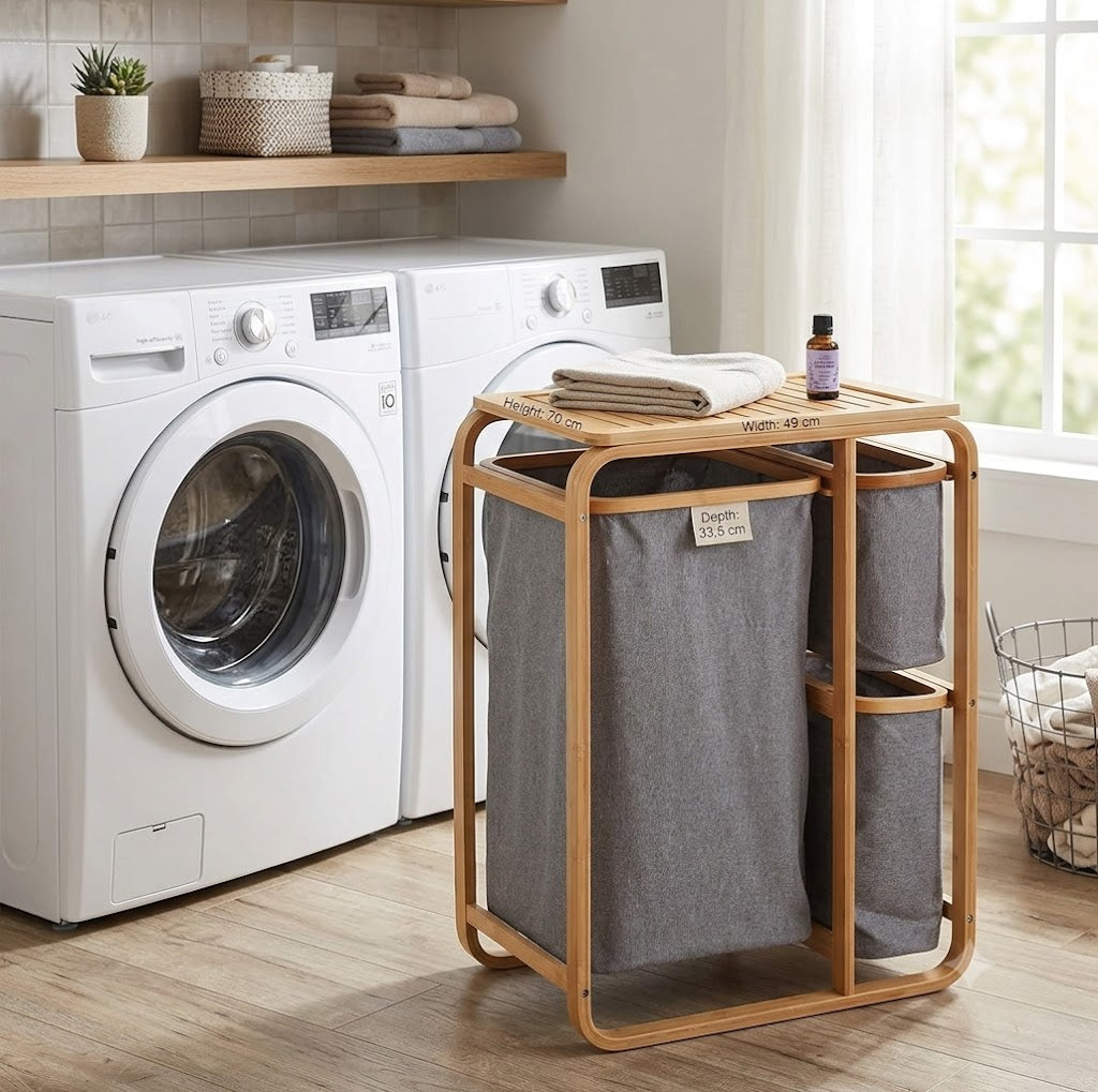 Bamboo Laundry Hamper with 3 Removable Compartments & Top Shelf