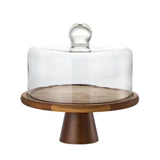 Wooden Cake Stand with Glass Dome