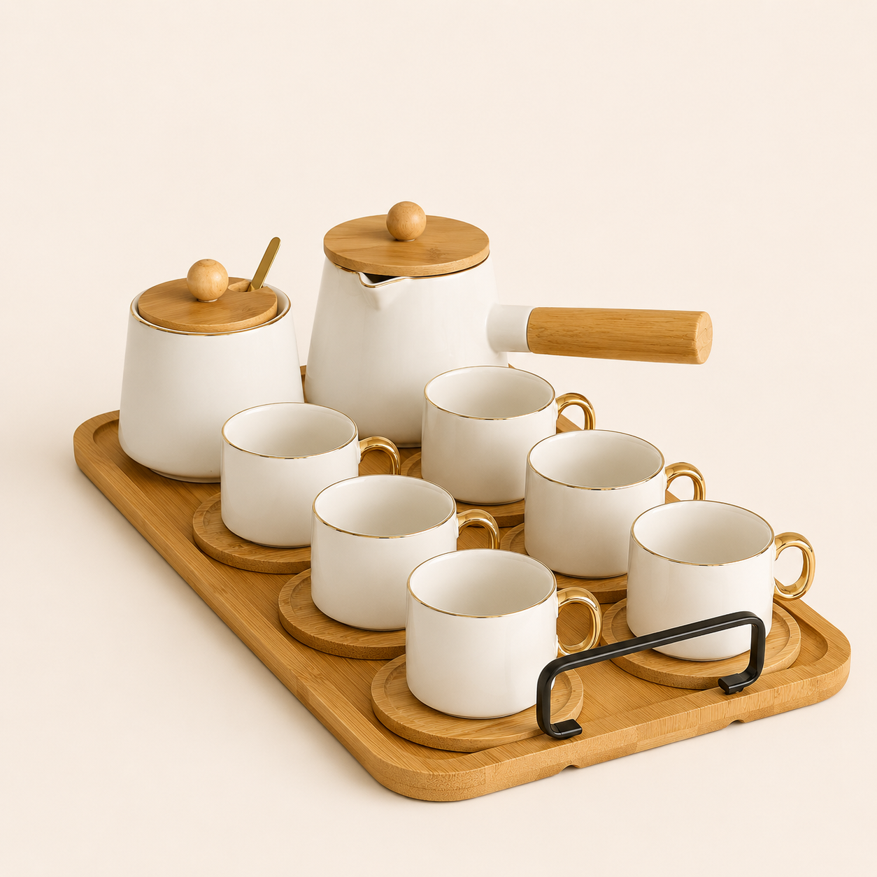 Elegant Ceramic Tea & Coffee Set with Bamboo Tray (8 Pieces)