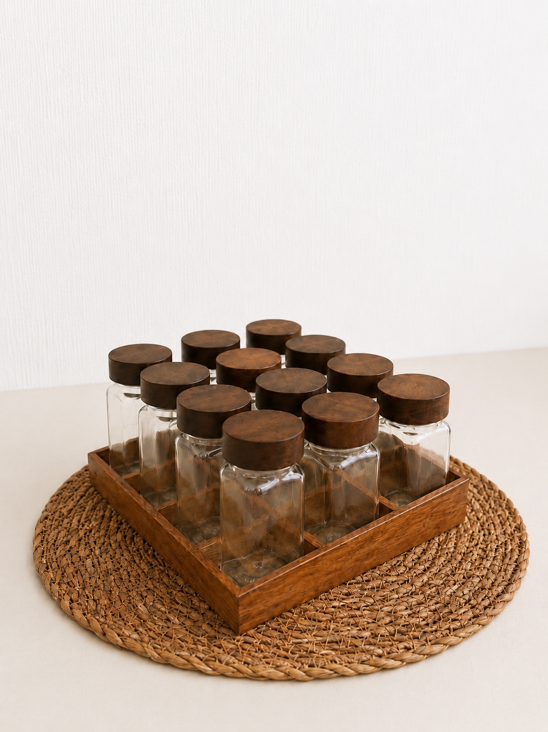 Set of 12 Glass Jars With Wood Stand