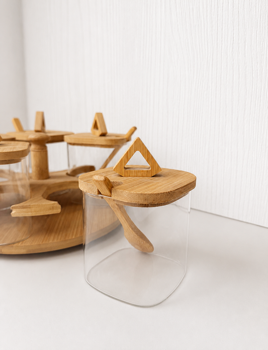 5-Piece Bamboo Rotating Spice Jar Set with Wooden Spoons