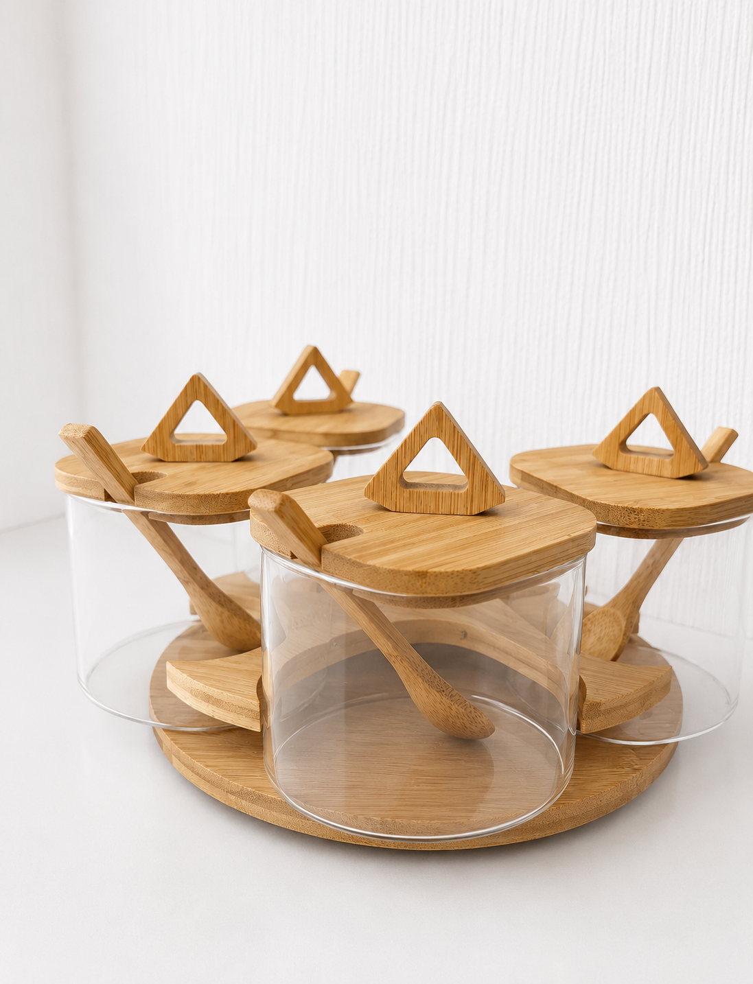 5-Piece Bamboo Rotating Spice Jar Set with Wooden Spoons
