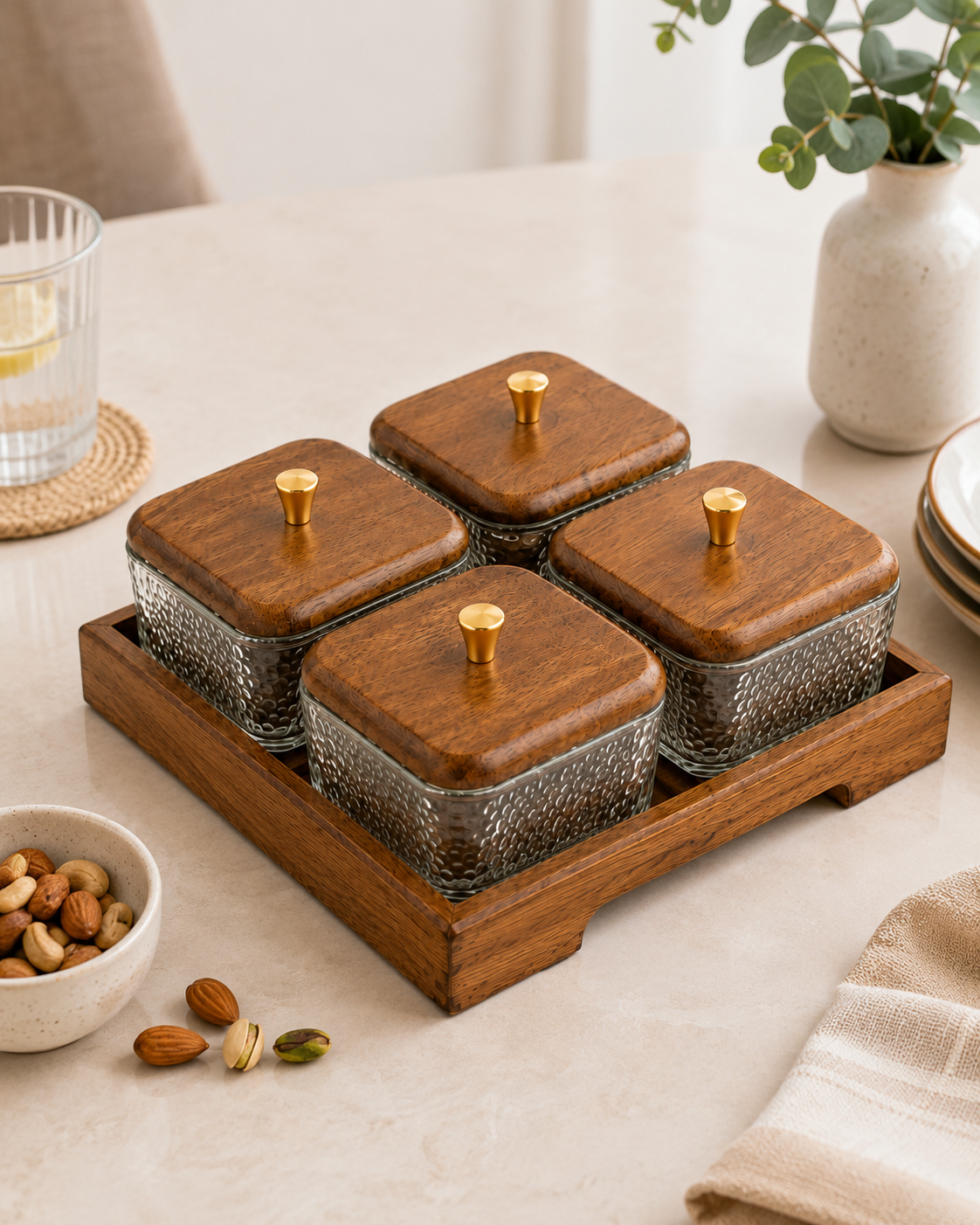 4-Piece Glass Storage Jar Set with Wooden Tray