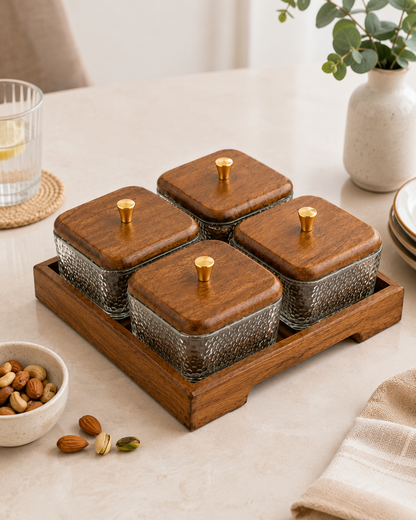 4-Piece Glass Storage Jar Set with Wooden Tray
