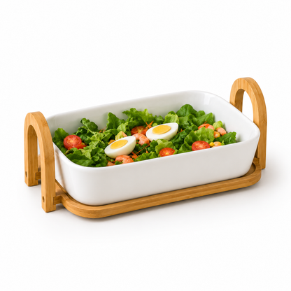 Ceramic Serving Dish with Bamboo Stand