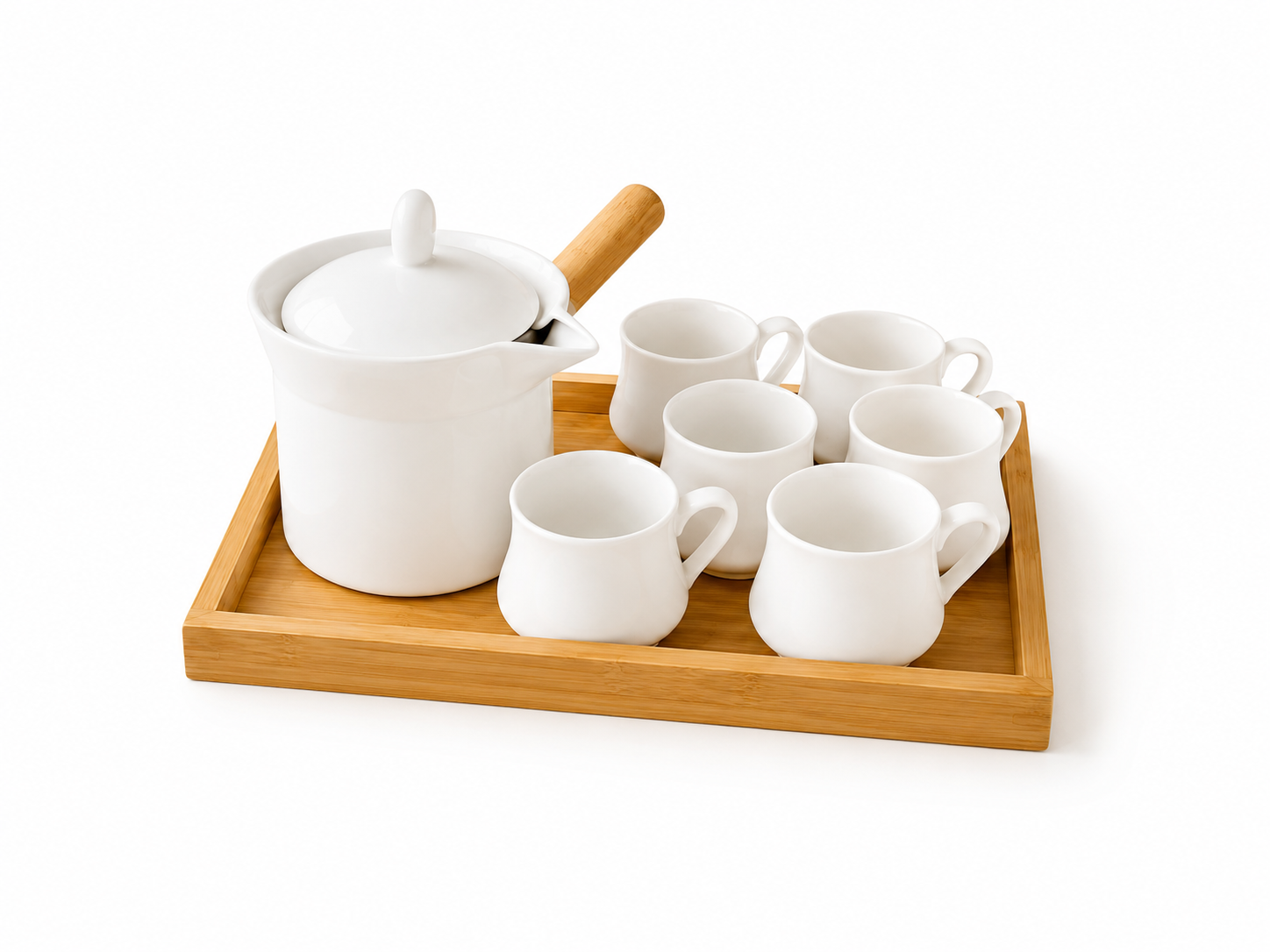 White Ceramic Tea Set with Bamboo Tray – 8 Pieces