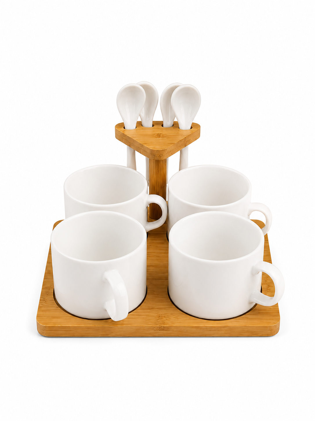 4-Piece Ceramic Mug Set with Bamboo Stand & Spoons