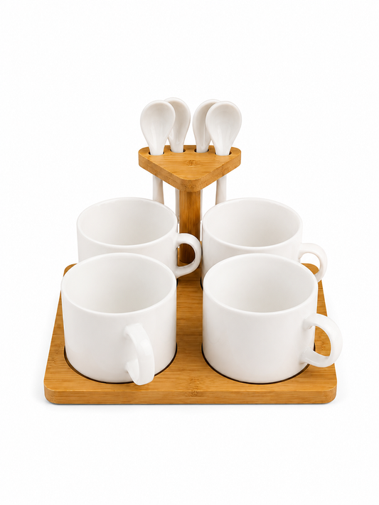 4-Piece Ceramic Mug Set with Bamboo Stand & Spoons