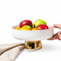 White Ribbed Fruit Bowl with Gold Pedestal