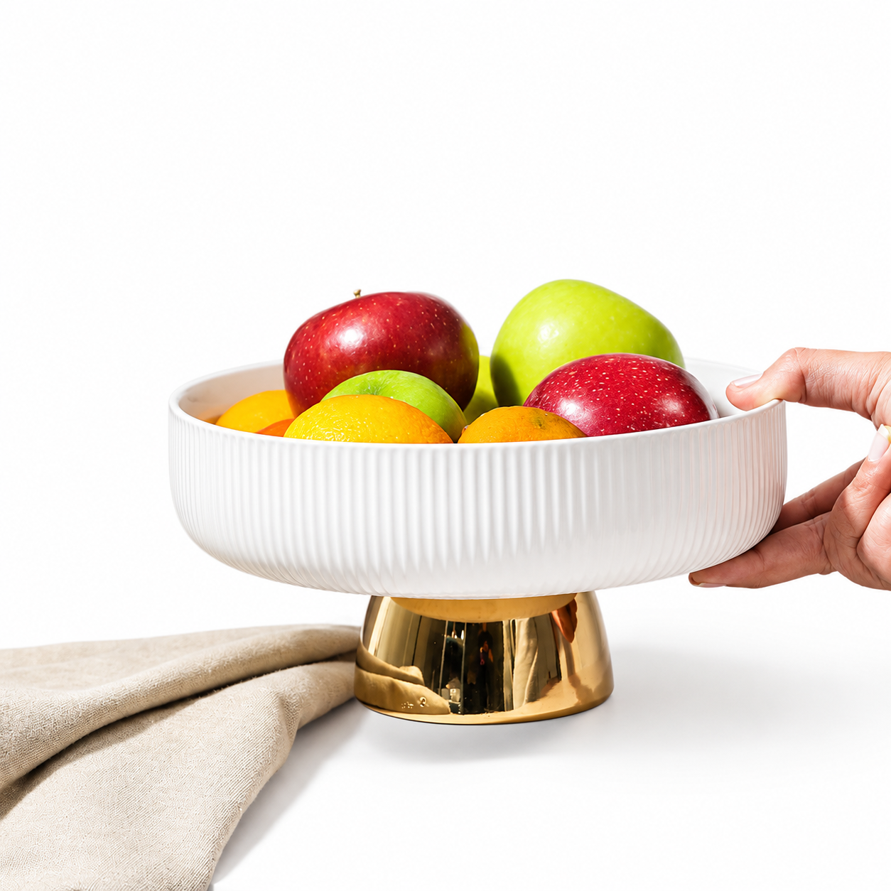 White Ribbed Fruit Bowl with Gold Pedestal